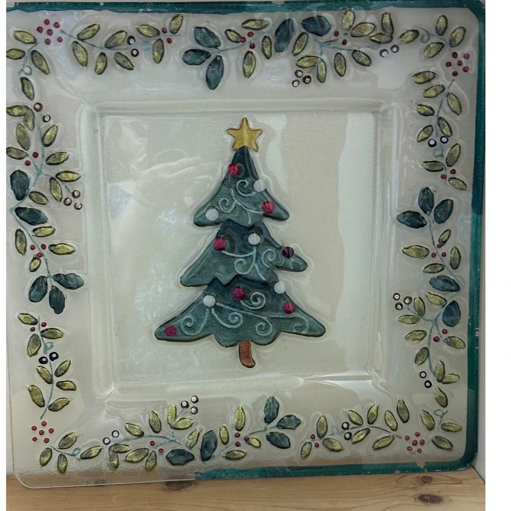Pfaltzgraff Winterberry Square‎ Glass Platter Painted Tree 14
